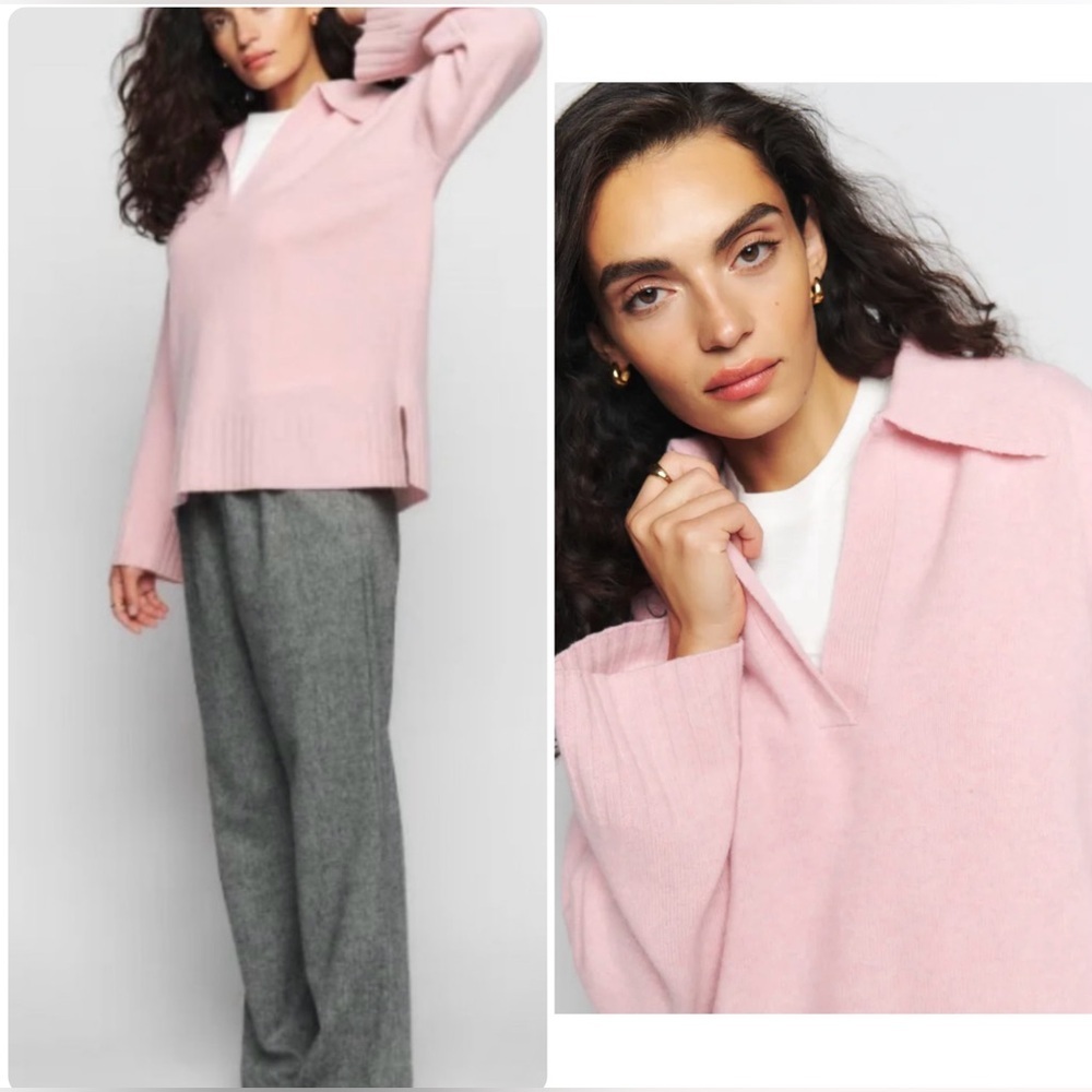 New! Reformation Otto Regenerative Wool Polo Sweater Soft Pink Sweater 🌸 XL - Picture 2 of 15